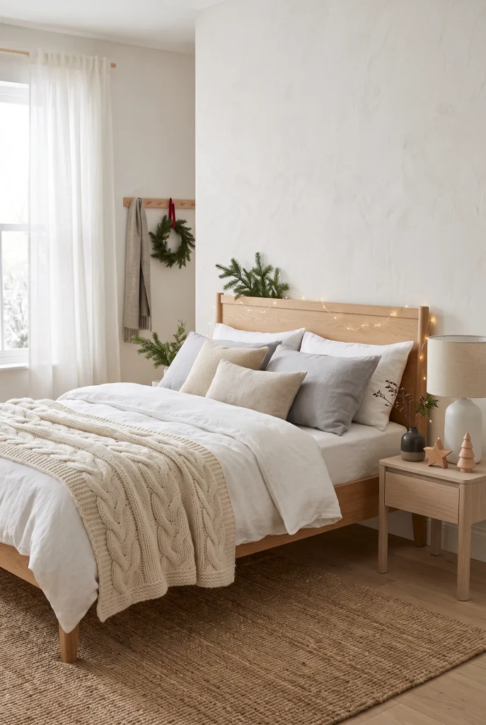 Scandinavian Christmas bed with white bedding, natural wood, and simple greenery