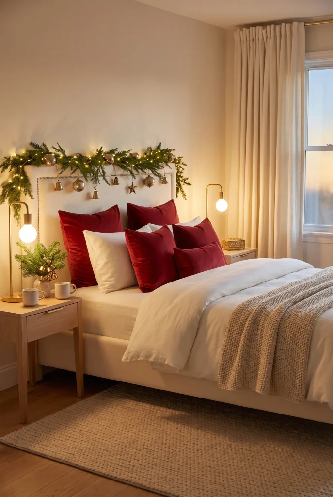 Christmas bed with red velvet pillows, ivory bedding, and evergreen branches