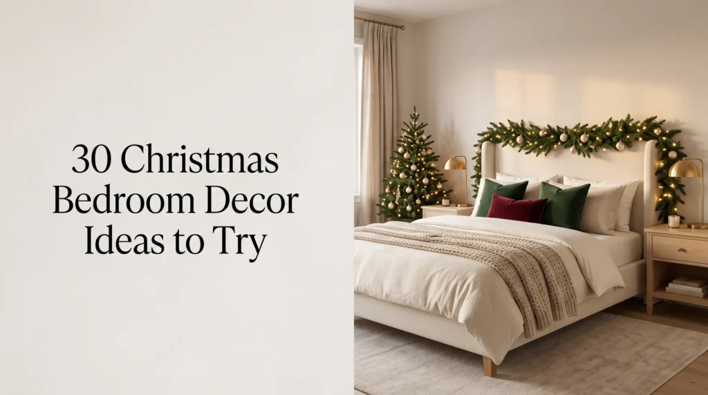 Cozy Christmas bedroom with cream bed, evergreen garland, festive bedding, warm lights, and small Christmas tree