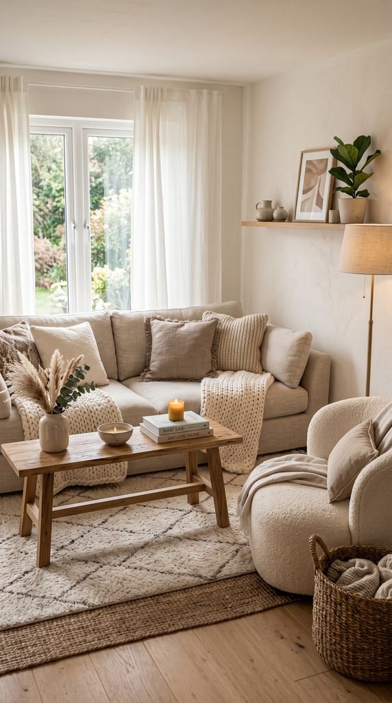 Neutral living room with layered cream textiles and cozy natural textures