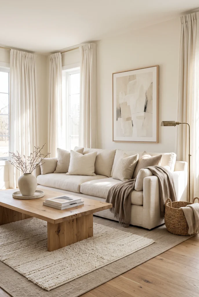 Layered neutral living room with cream sofa, beige textiles, natural wood coffee table, and soft curtains