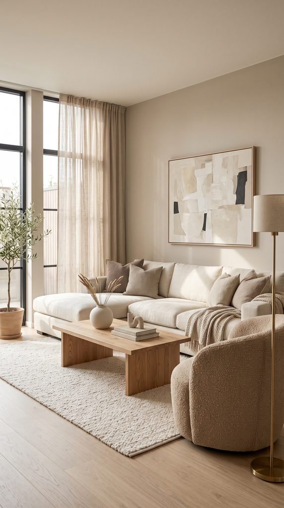 Warm neutral modern living room with cream sofa and layered beige textures