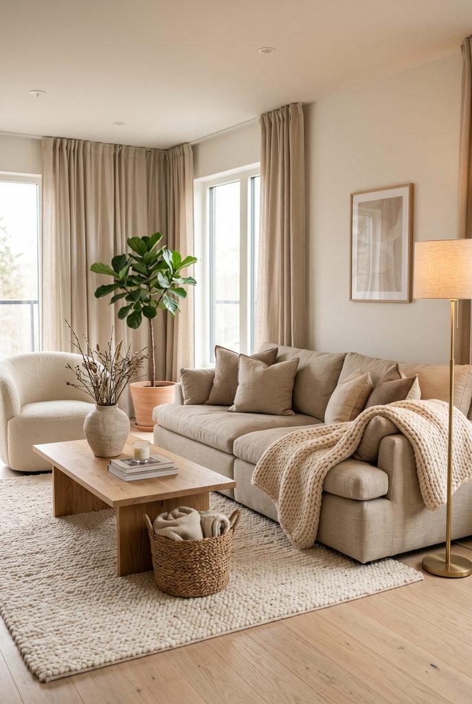 Cozy modern living room with layered beige textiles, boucle seating, and warm lighting