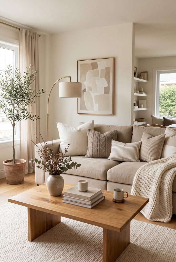Neutral living room with oversized cushions, soft textiles, and warm wood furniture