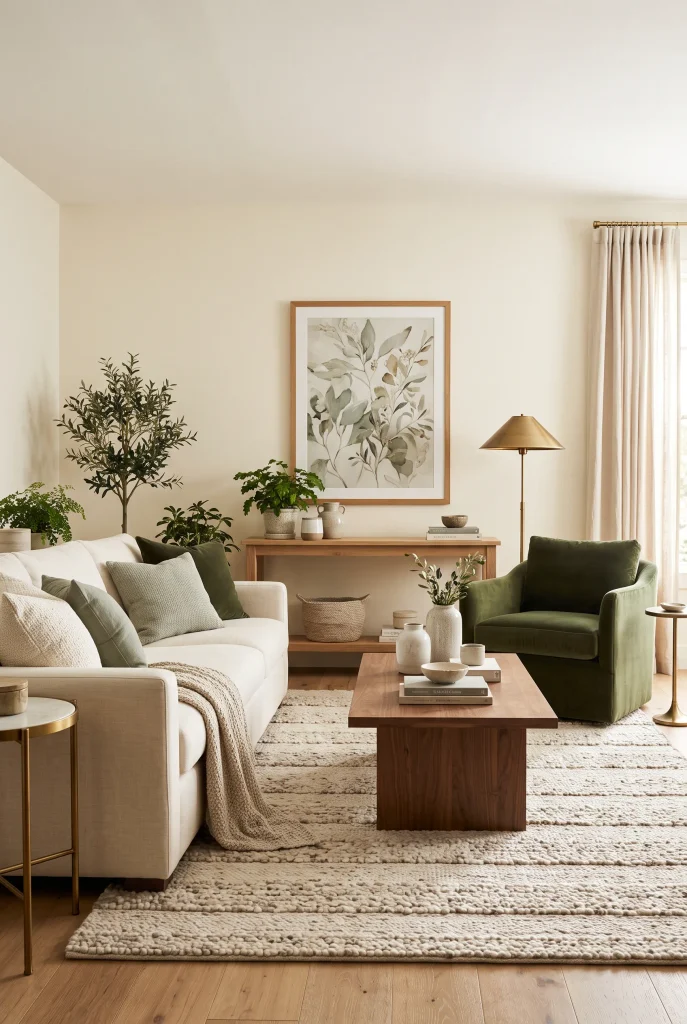 Sophisticated living room with sage green accents, cream sofa, walnut table, and brass lighting