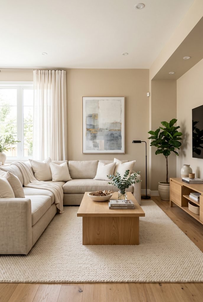 Modern living room with a large neutral sectional and natural wood furniture