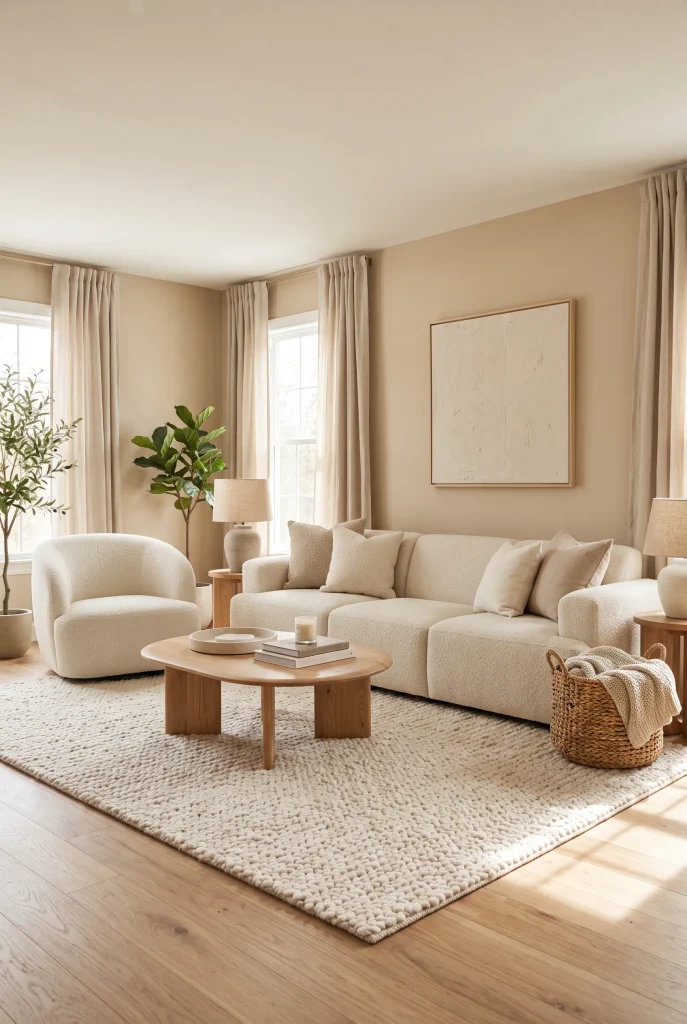 Cozy contemporary living room with cream boucle sofa and textured neutral furnishings