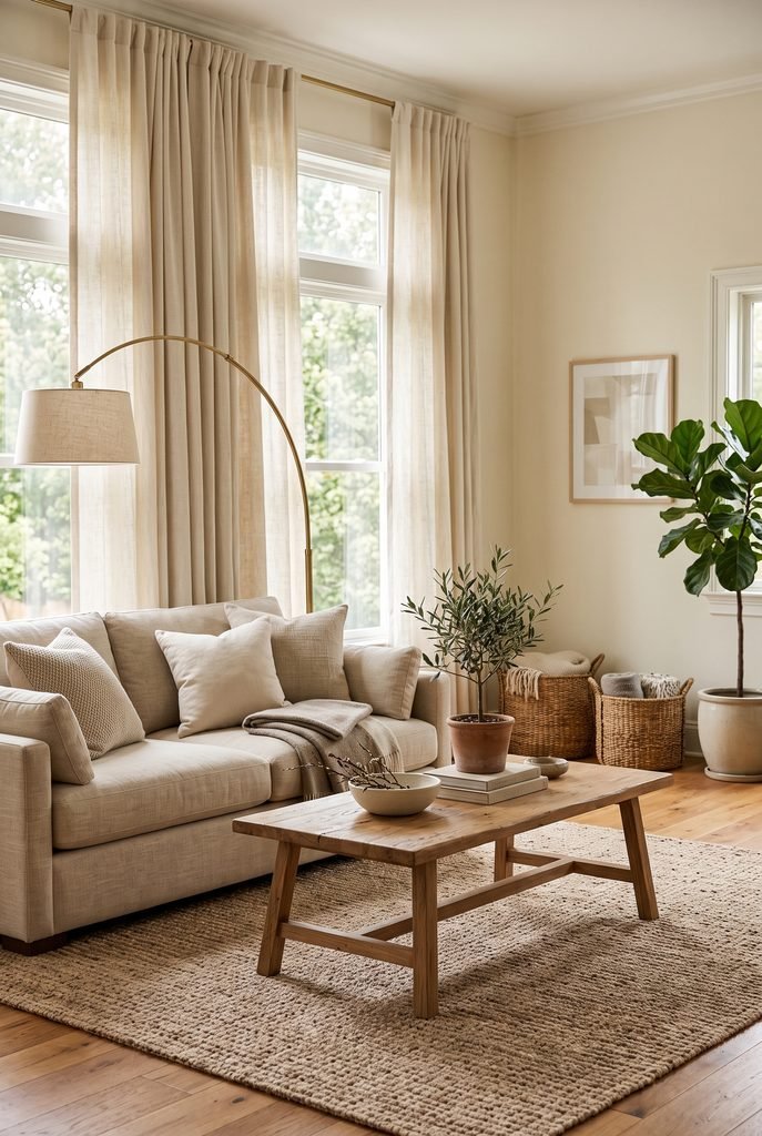 Cozy living room with floor-to-ceiling cream linen curtains and natural light