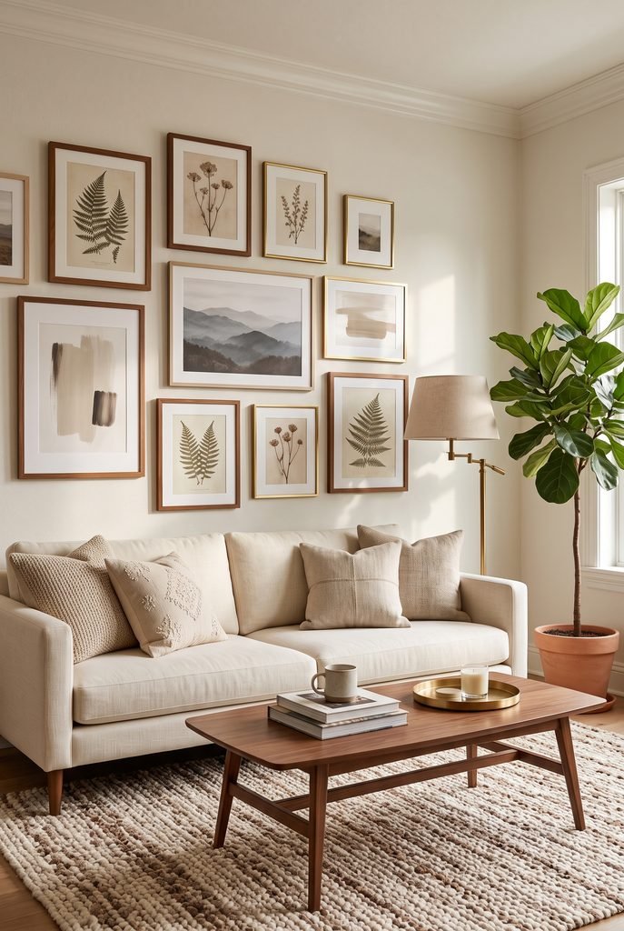 Cozy living room with a neutral gallery wall above a cream sofa