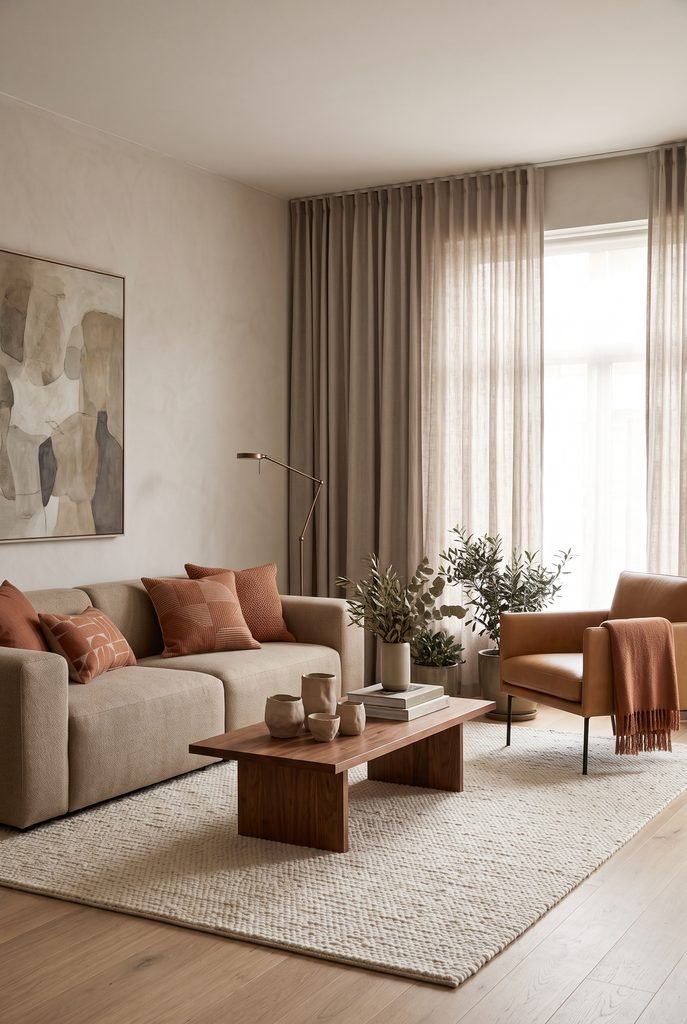 Modern earth-tone living room with beige seating, caramel leather, and terracotta accents