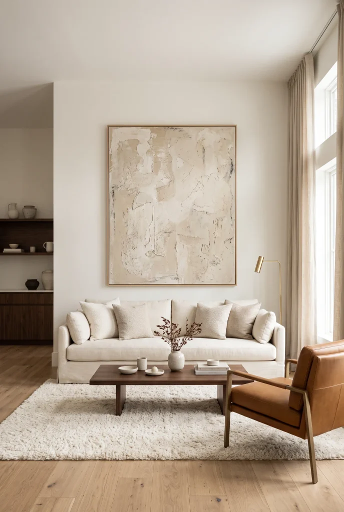 Elegant living room with oversized neutral artwork above a cream sofa