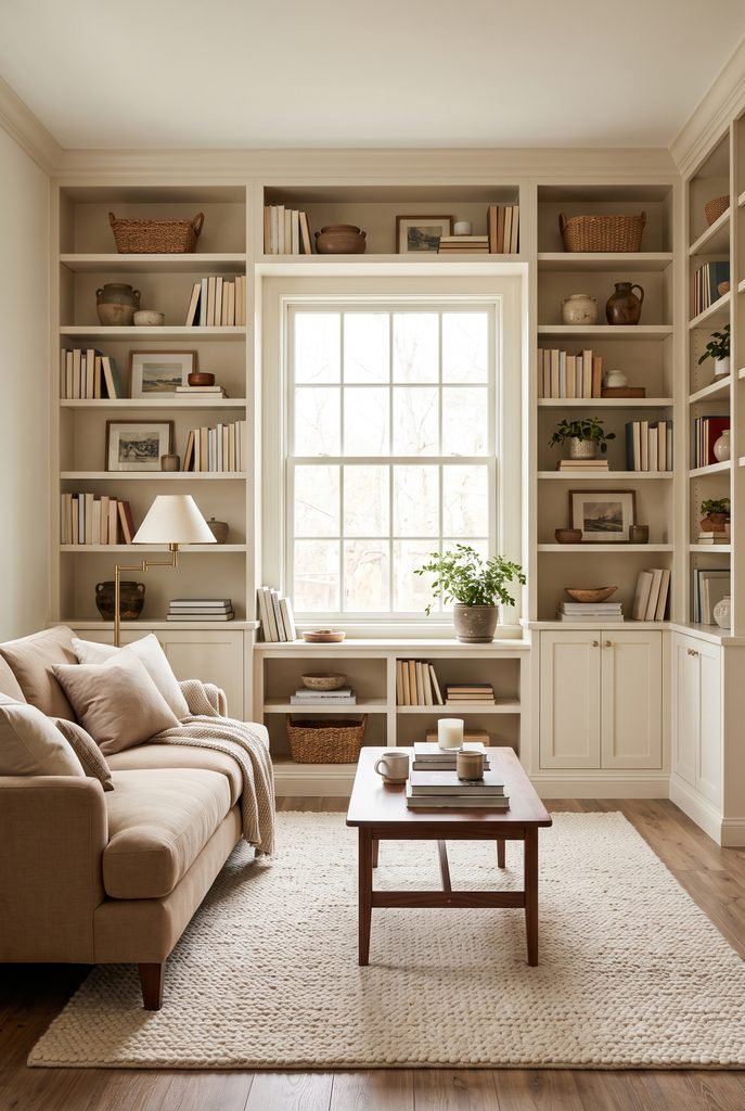 Warm living room with built-in shelves filled with books, ceramics, and baskets