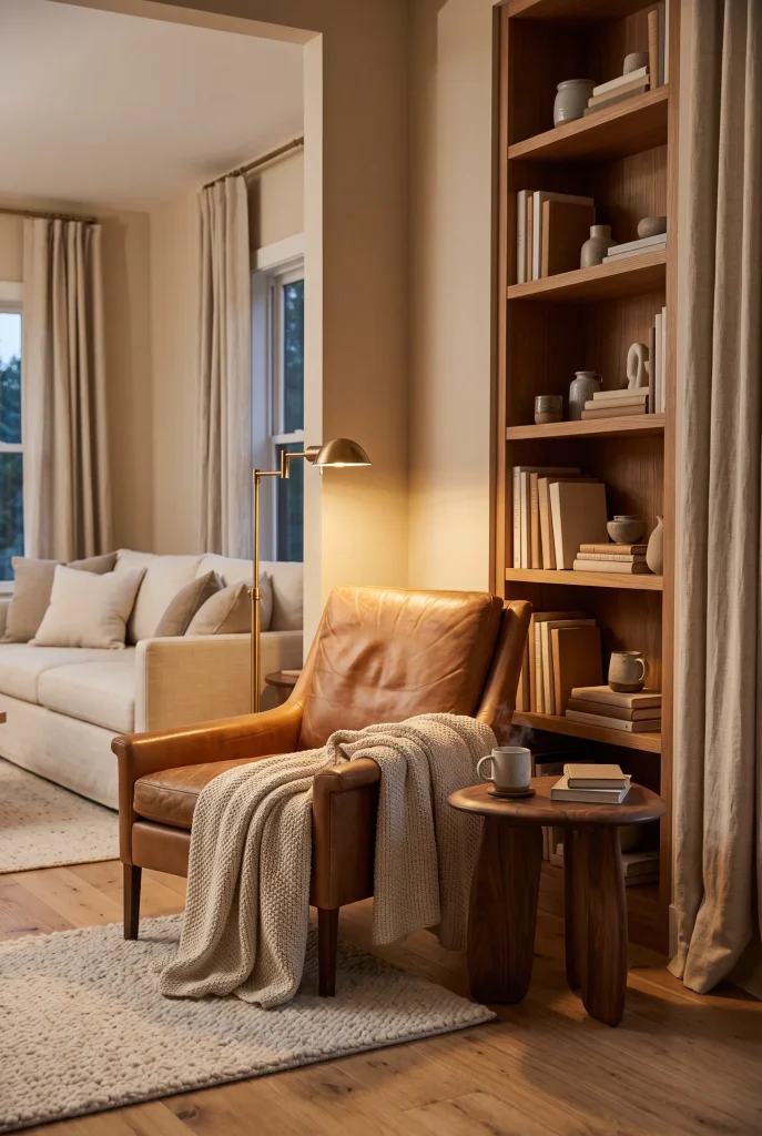 Cozy living room reading corner with caramel chair, walnut table, and brass floor lamp