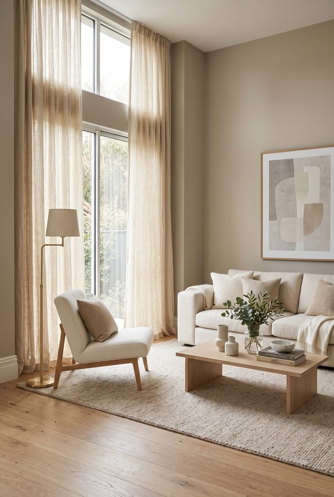 Modern living room with floor-to-ceiling ivory linen curtains and neutral furniture