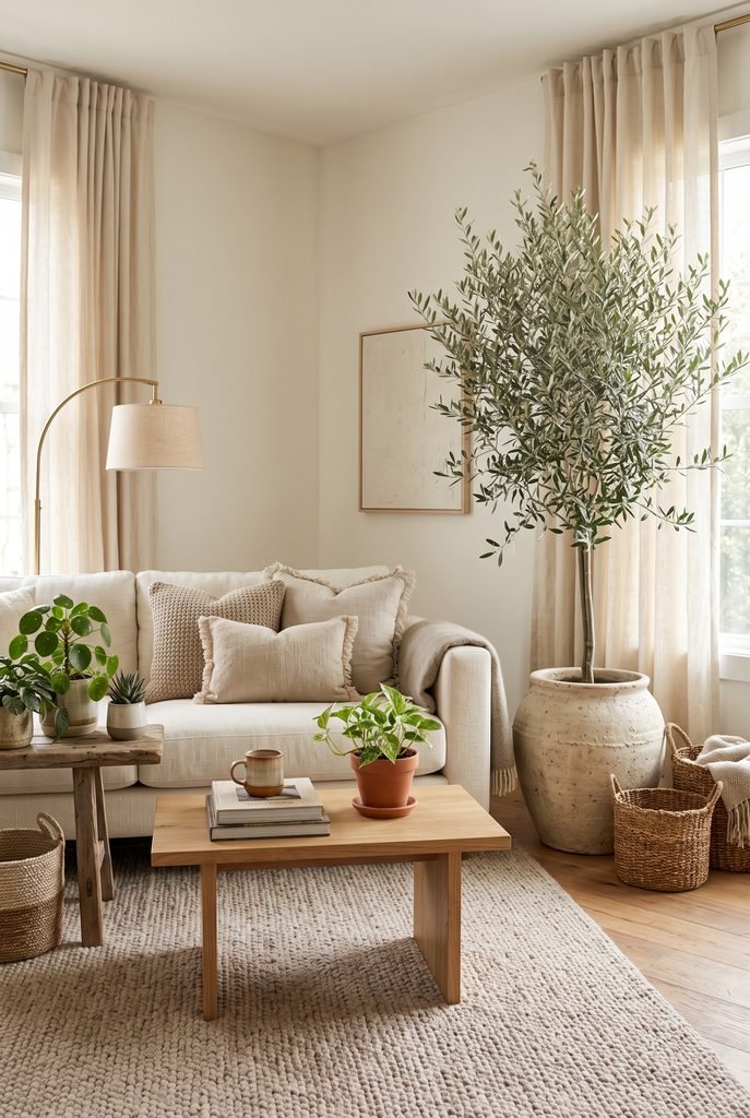 Cozy living room with indoor greenery, oak furniture, and neutral textiles
