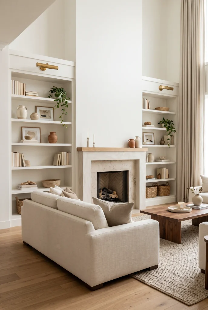 Living room with warm white built-in shelves styled with ceramics, books, artwork, and greenery