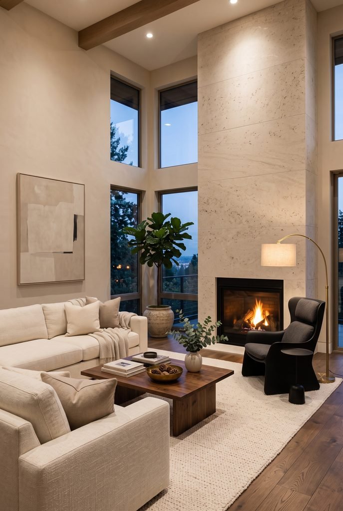 Modern living room with a large stone fireplace and cream sectional sofa