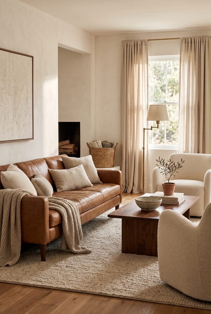 Warm living room combining caramel leather furniture with soft cream fabrics