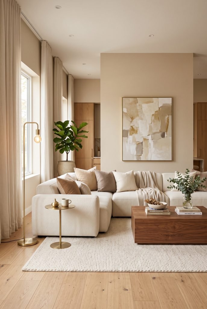 Modern living room with warm brass lighting and neutral contemporary furniture