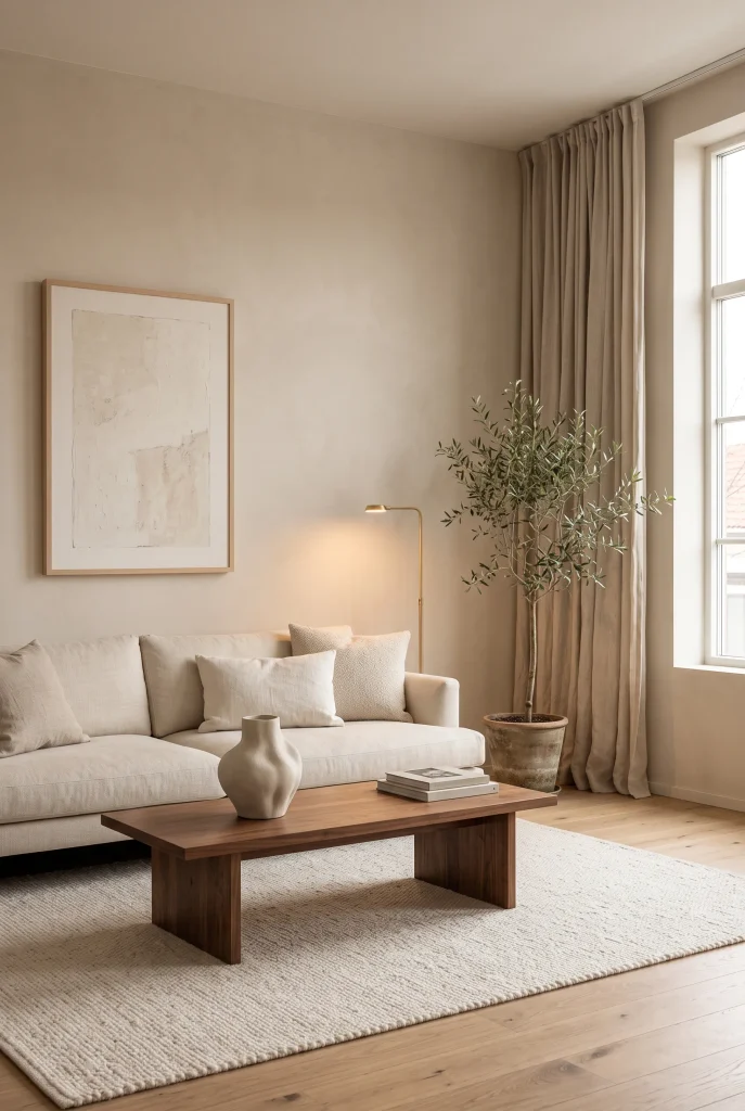 Warm minimalist living room with cream sofa, walnut coffee table, wool rug, and simple decor