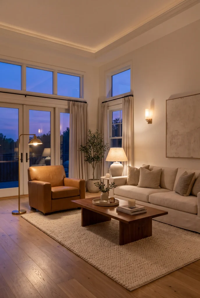 Cozy living room at dusk with layered warm lighting, cream sofa, and brass lamps