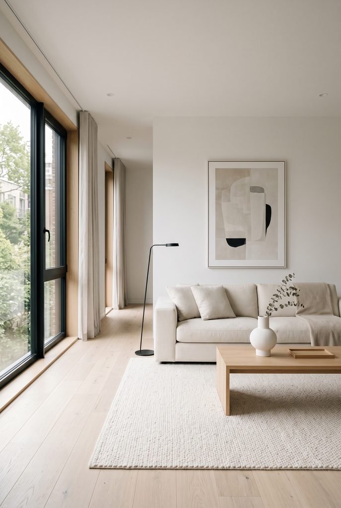 Minimalist modern living room with cream sofa, oak table, and simple decor