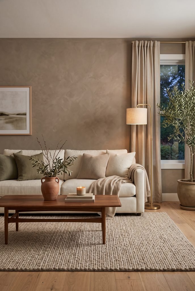 Cozy living room with a warm taupe accent wall and neutral furnishings