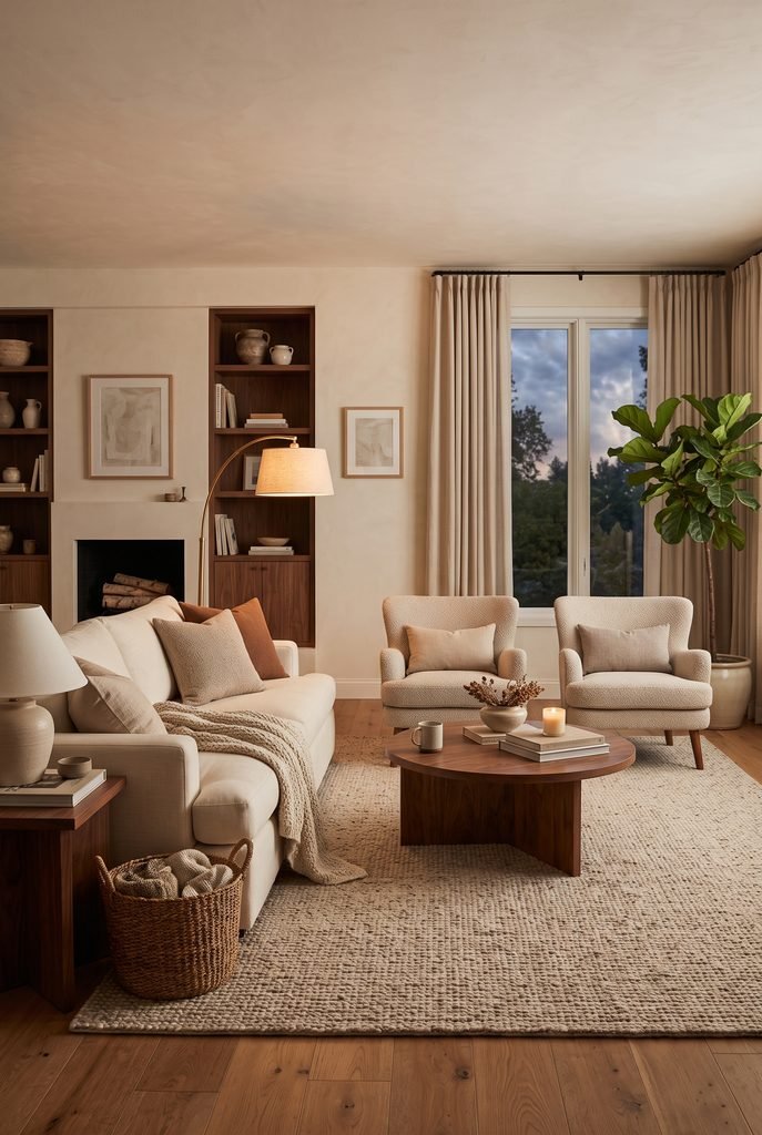 Inviting living room arranged with sofa and chairs around a central coffee table