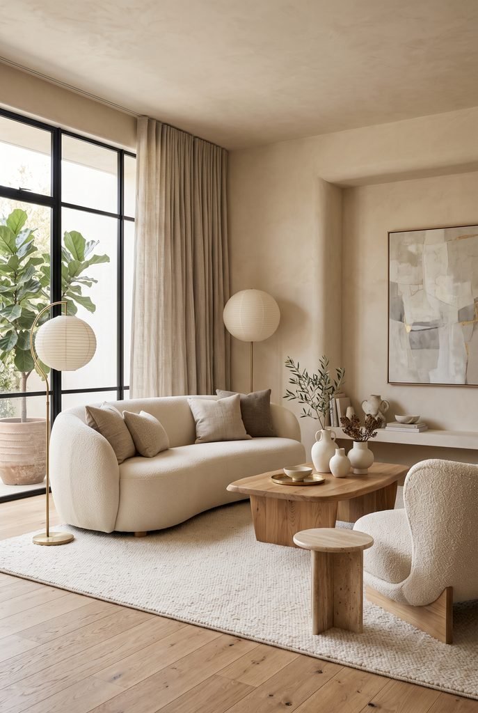 Organic modern living room with curved furniture and natural materials