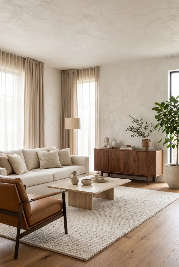 Sophisticated living room combining natural stone coffee table with warm walnut furniture