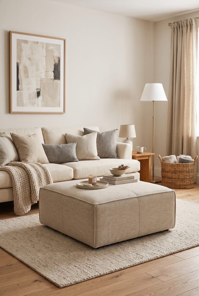Cozy living room with an upholstered oatmeal ottoman and cream sofa