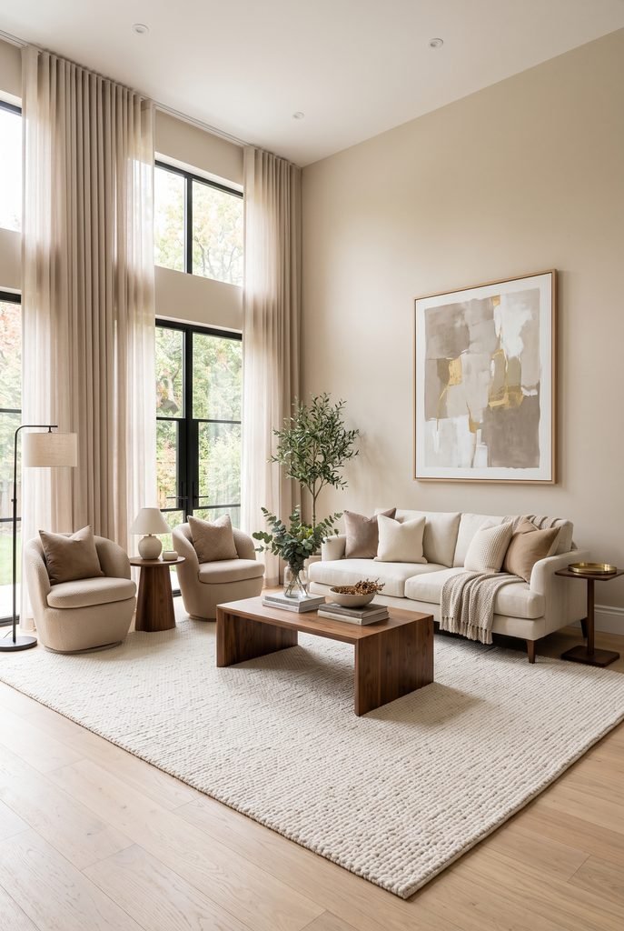 Modern living room with an oversized ivory rug anchoring the seating area