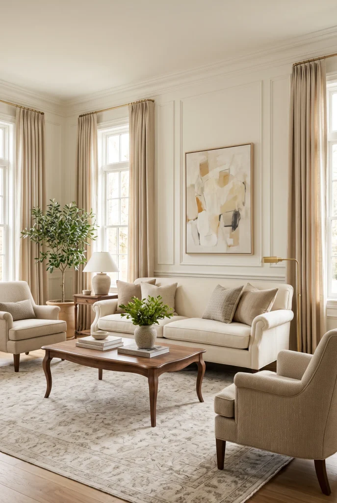 Traditional living room with cream furniture, modern artwork, brass lighting, and classic details