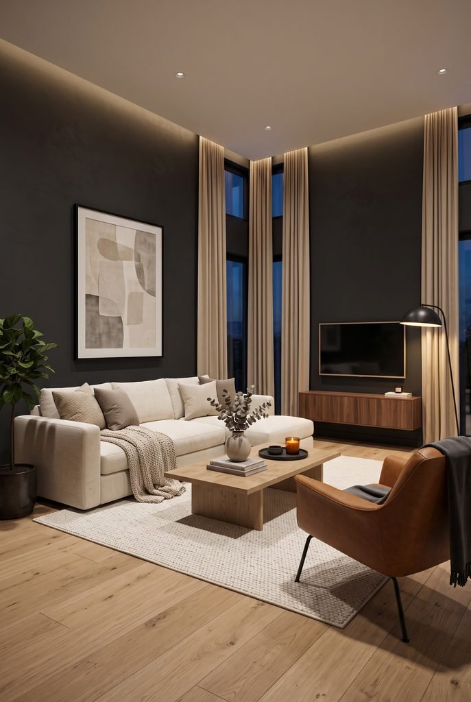 Contemporary living room with charcoal accent wall and cream furniture
