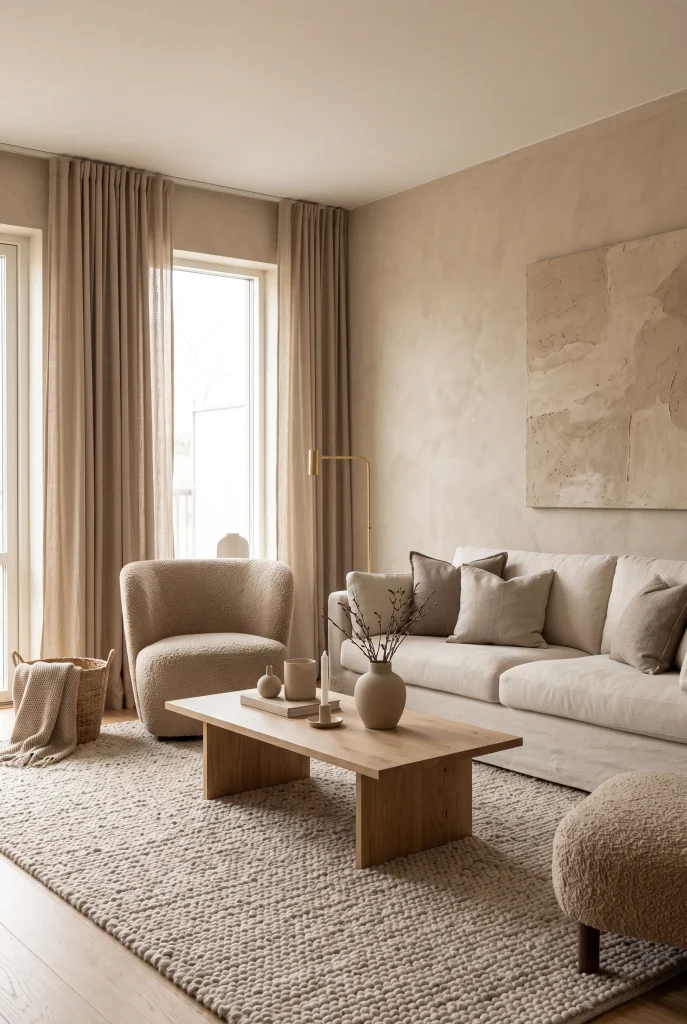 Monochromatic beige living room with layered cream, taupe, and oatmeal textures