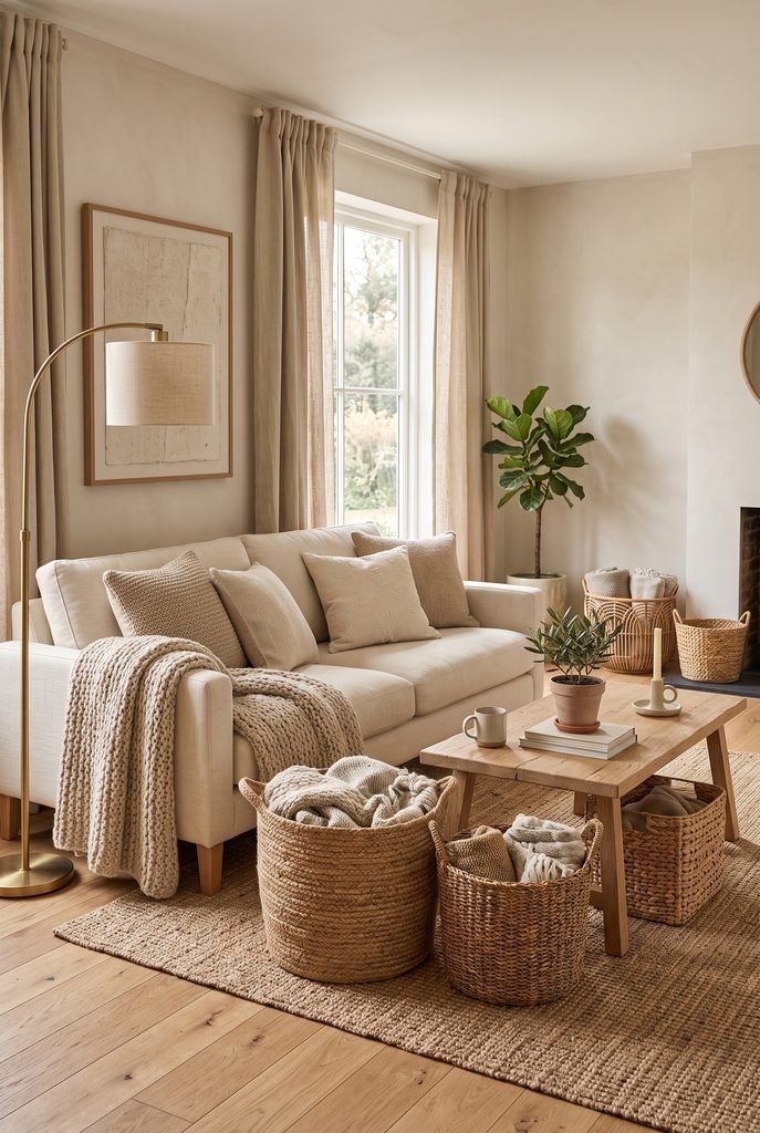 Warm living room with woven baskets storing blankets beside a cream sofa