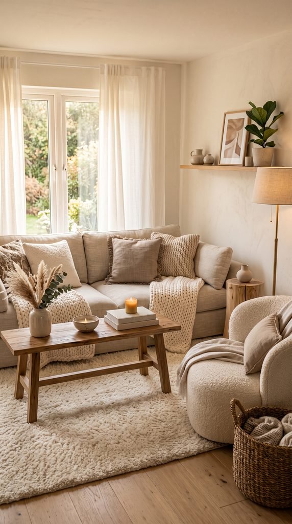 Cozy living room with a large plush cream area rug and beige seating
