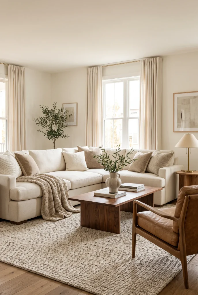 Cream sofa living room with warm walnut furniture, caramel chair, and neutral textured rug