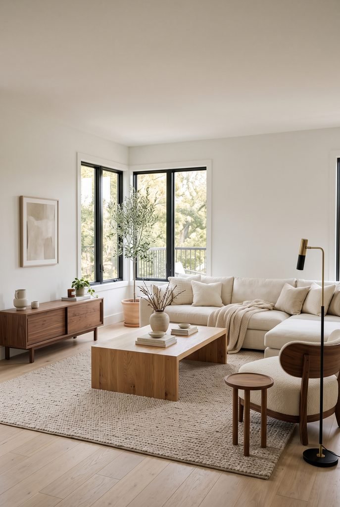 Contemporary living room with a low-profile cream sofa and clean-lined furniture