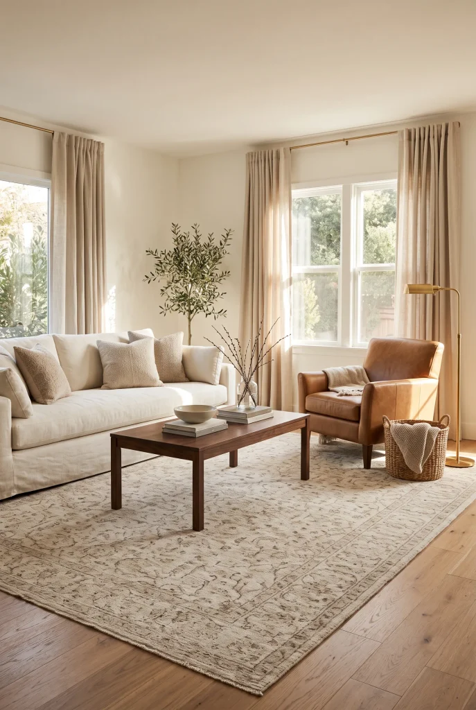 Cozy living room with large neutral area rug beneath cream sofa and accent chairs