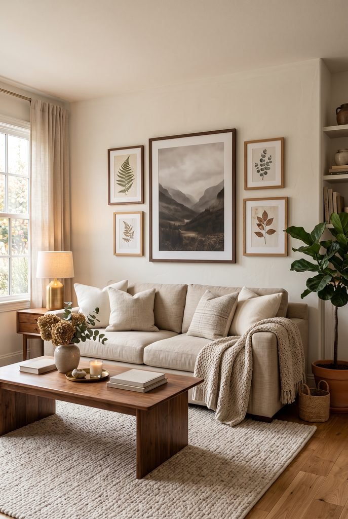 Cozy living room with layered neutral artwork above a beige sofa