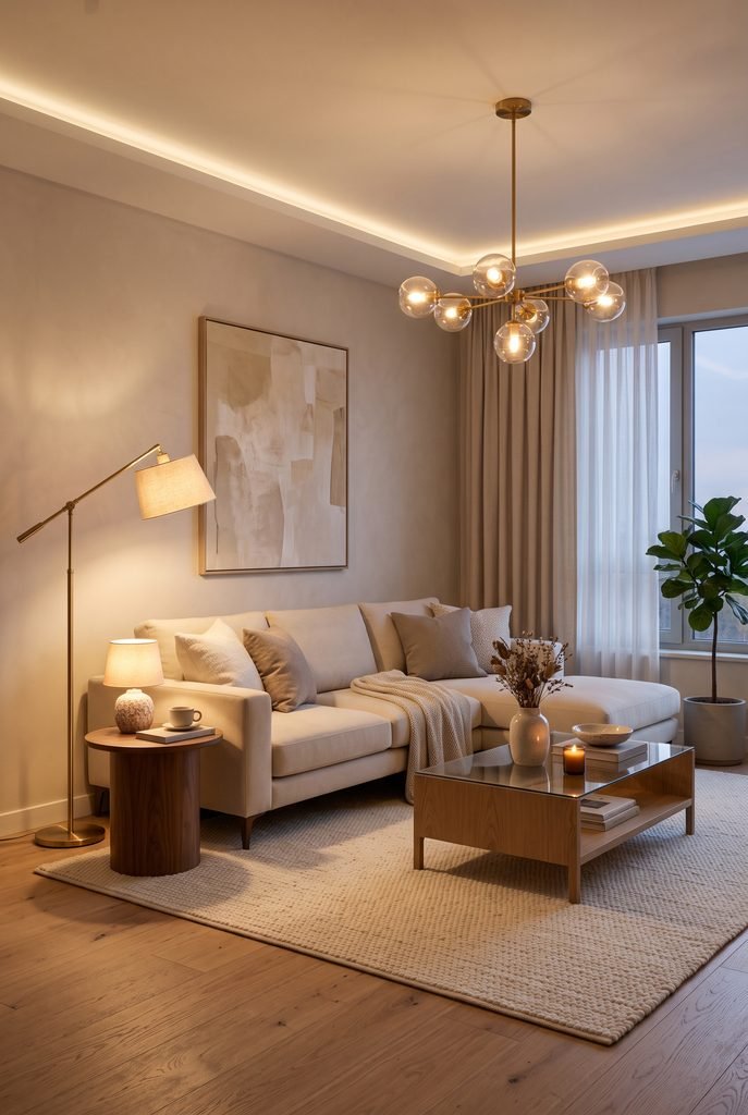 Modern living room with layered ceiling, floor, and table lighting