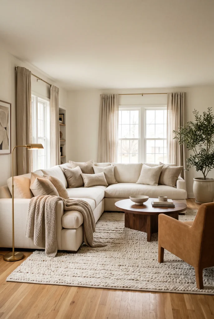 Corner living room arrangement with cream sectional, round walnut table, and caramel chair