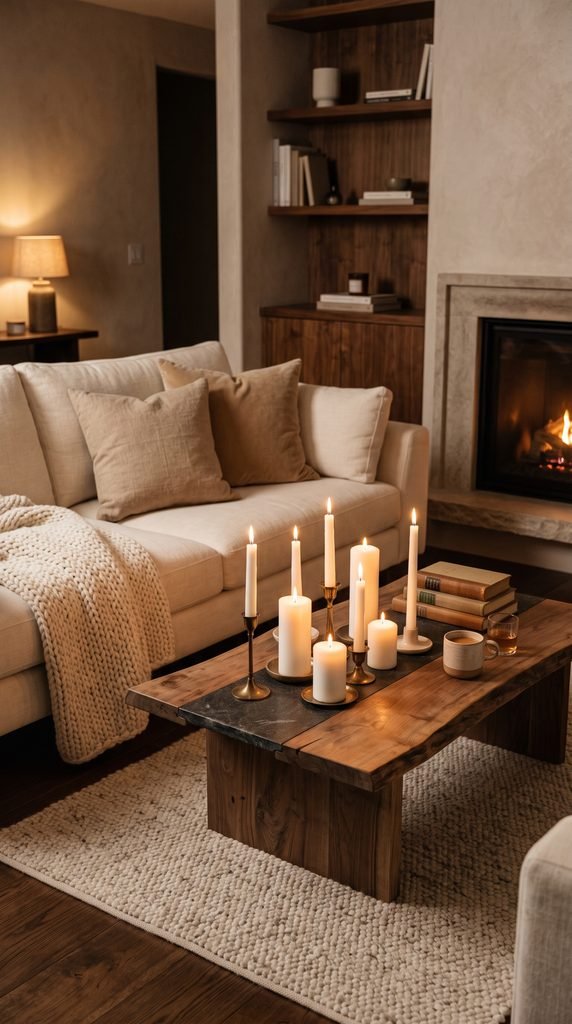 Intimate living room with candlelight, cream seating, and warm evening decor