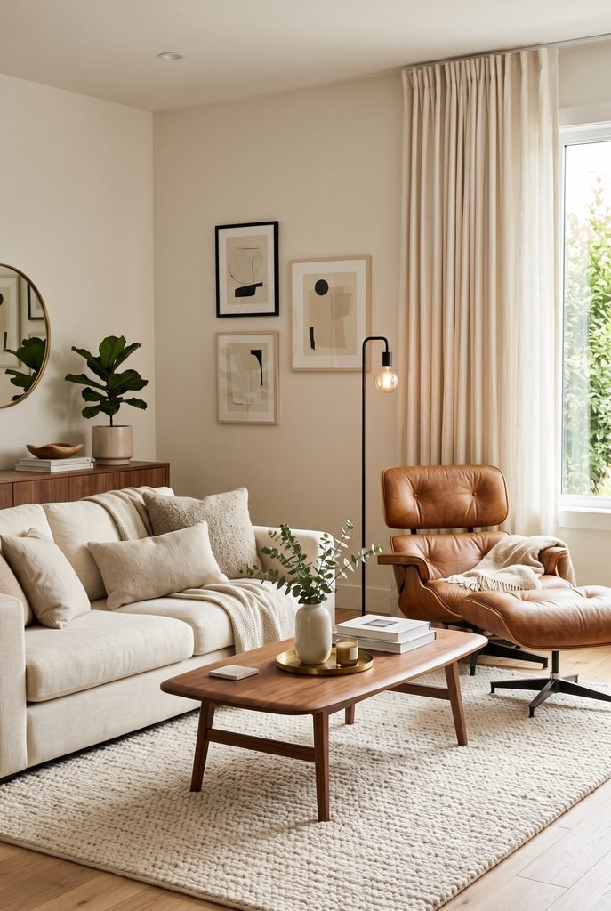 Modern living room with caramel leather accent chair and cream sofa