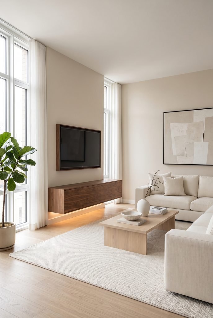 Modern living room with floating walnut media console and neutral furniture
