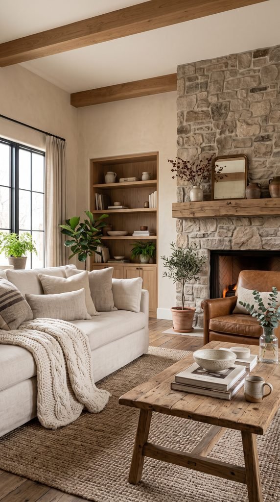 Modern rustic living room with cream sofa, wood furniture, stone fireplace, and leather chair