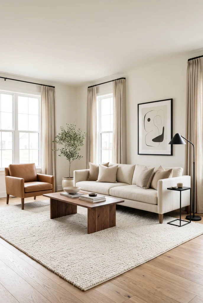 Warm white living room with black-framed artwork, black lamp, walnut table, and cream furniture