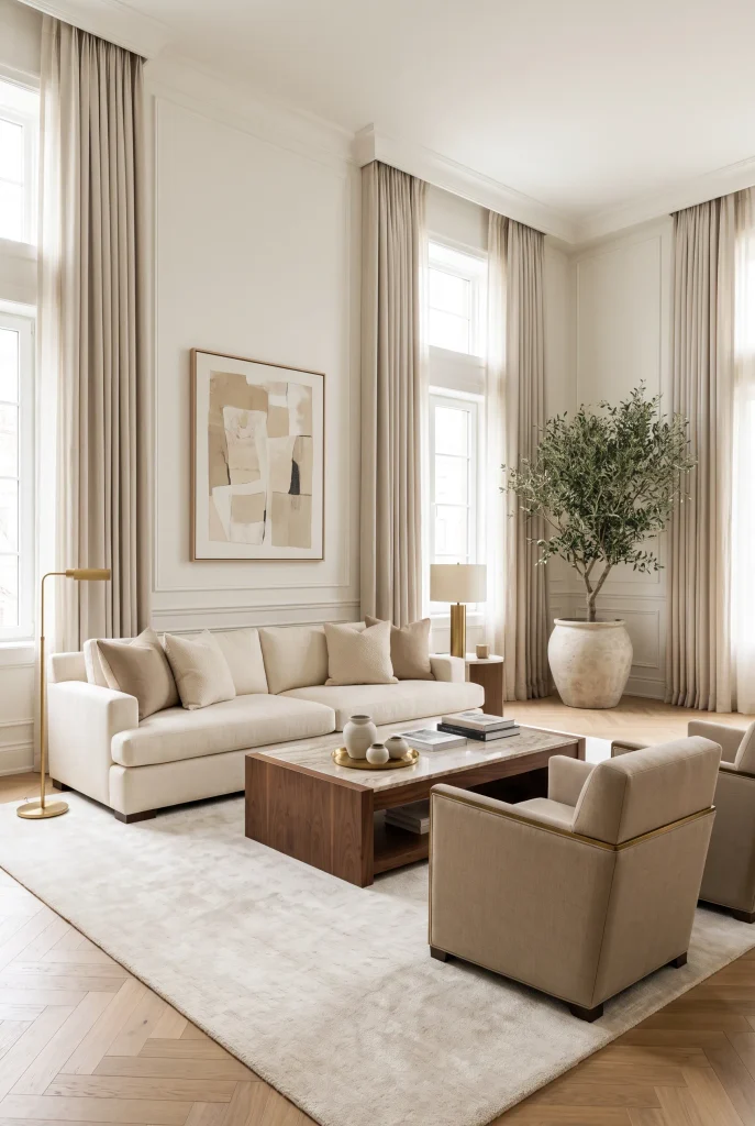 Hotel-inspired living room with cream sofa, beige chairs, marble table, and brass lighting