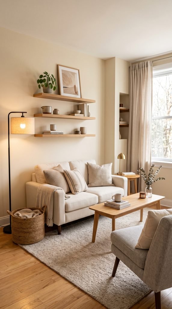 Small cozy living room with compact furniture, soft rug, and smart storage